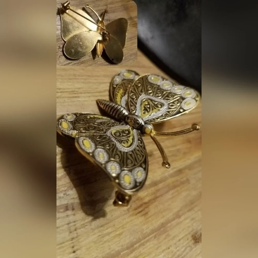 Vintage Hand Painted Golden Butterfly Brooch